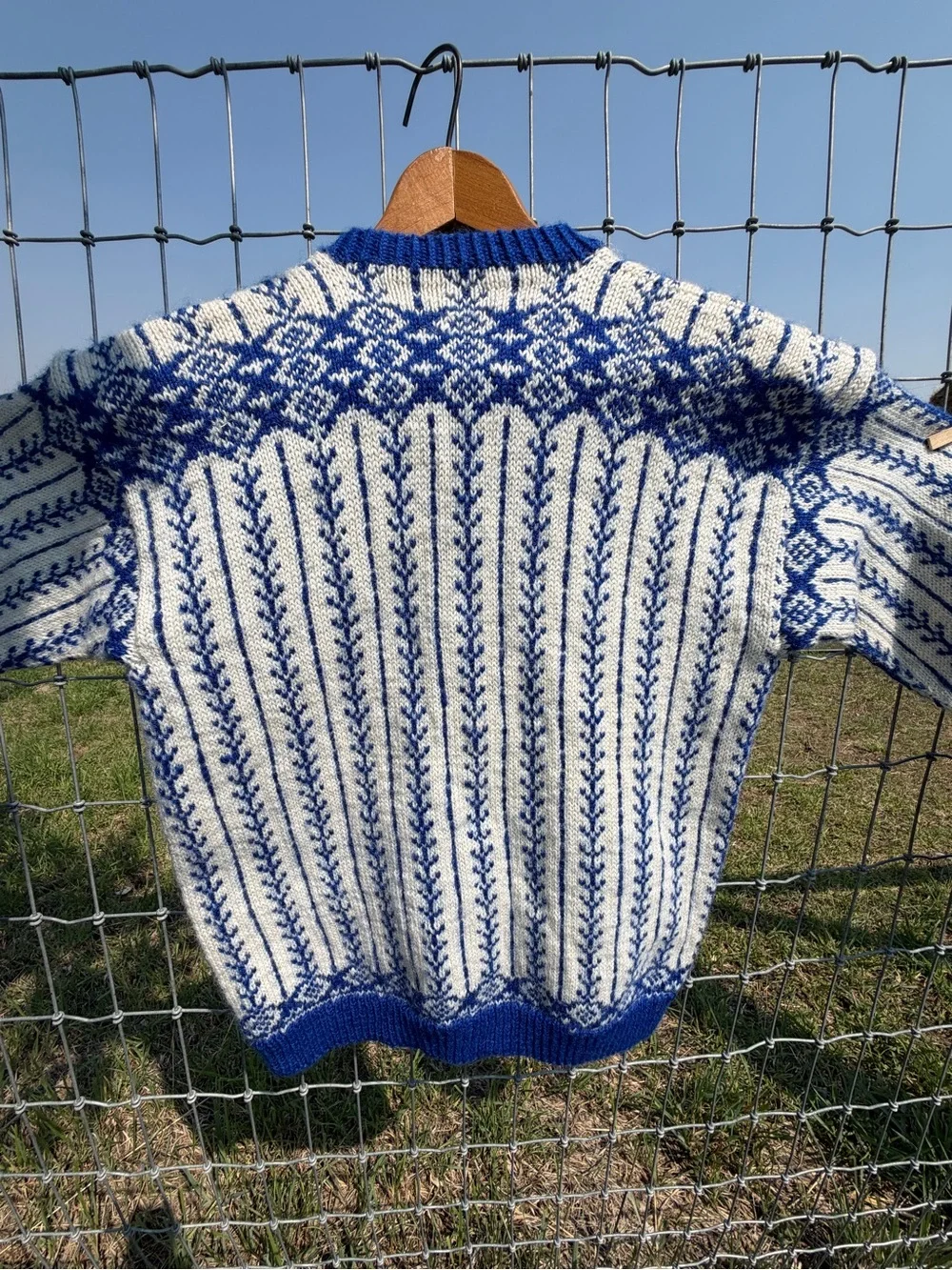 Blue and White Nordic Knit Button-Up Sweater - women’s